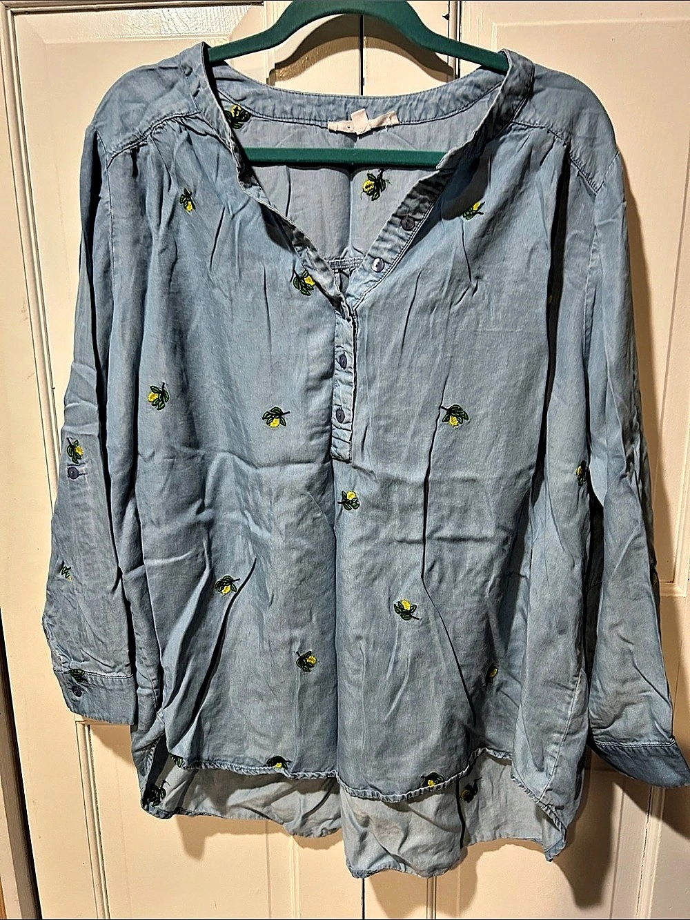 Jane + Delancey Lemon Embroidered Chambray Henley Tunic Top Blue 1X